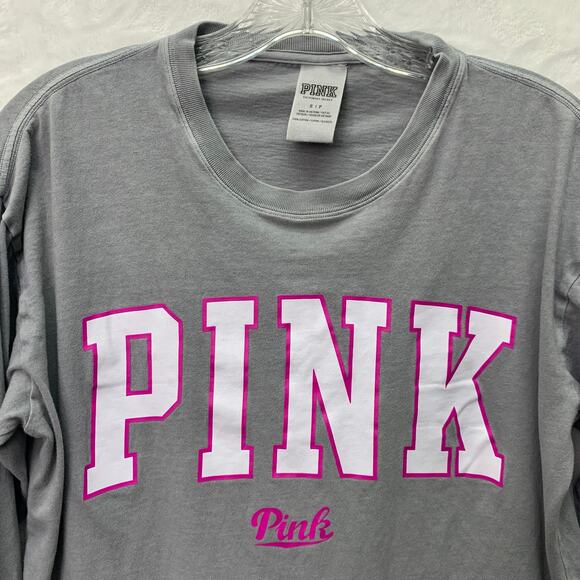 Pink Victorias Secret Womens Small Hot Pink Purple Logo Long Sleeve Gray T Shirt - Picture 2 of 6